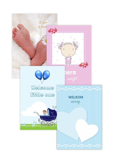 Set van 4 geboortekaarten plus envelop
