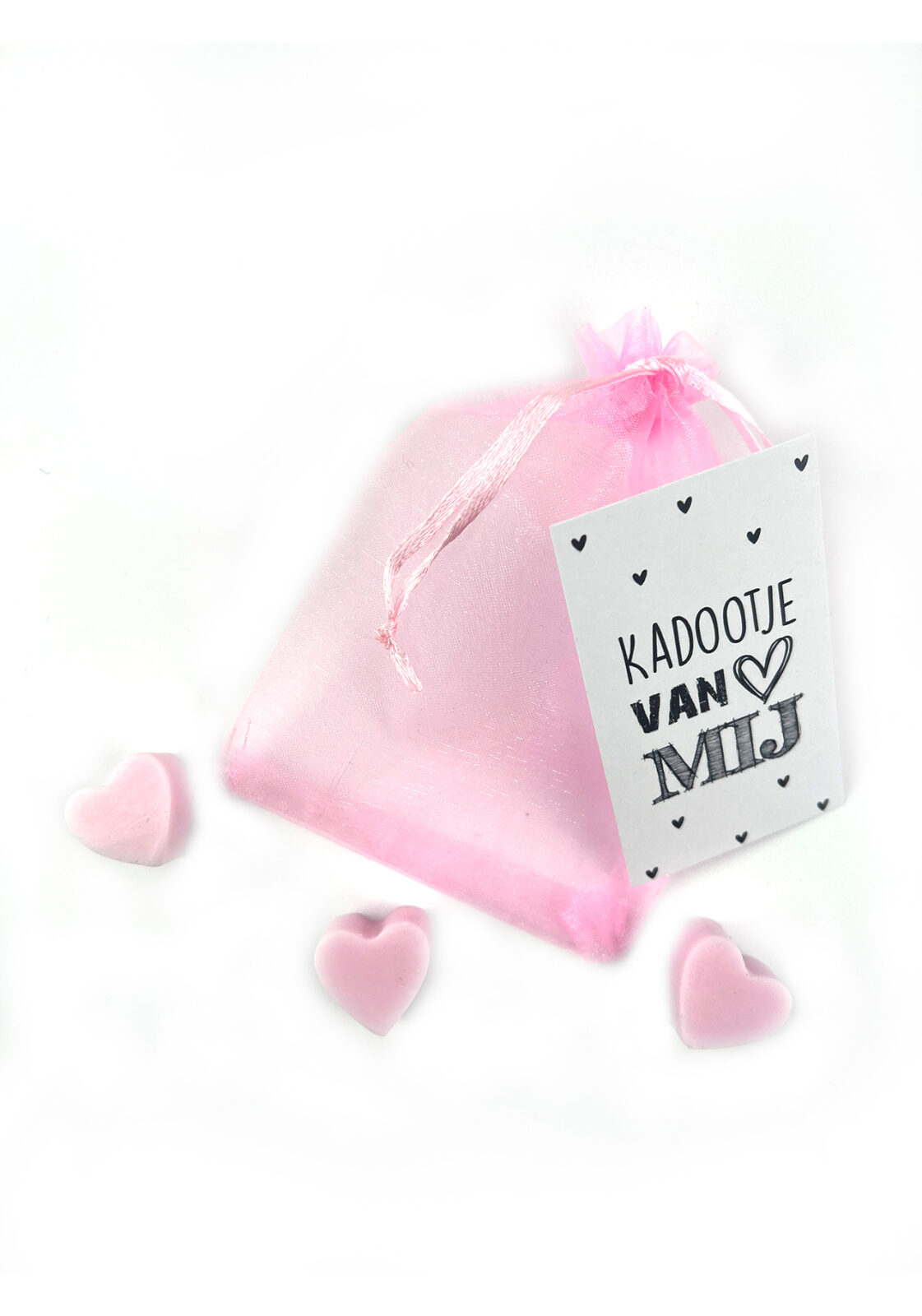 zeepjes roze hartjes in roze organza zakje